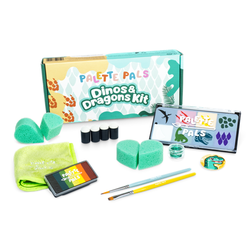 The Palette Pals Dino & Dragon Kids Face Paint Kit box with dinosaur and dragon designs